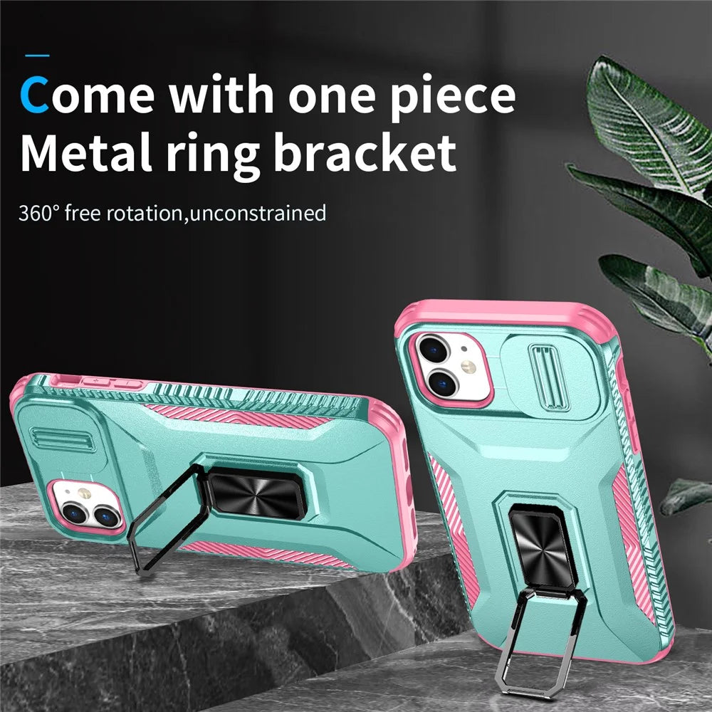 For iPhone 11 Case Scratch-resistant PC+TPU Slide Lens Lid Kickstand Phone Cover - Cyan+Pink - 2