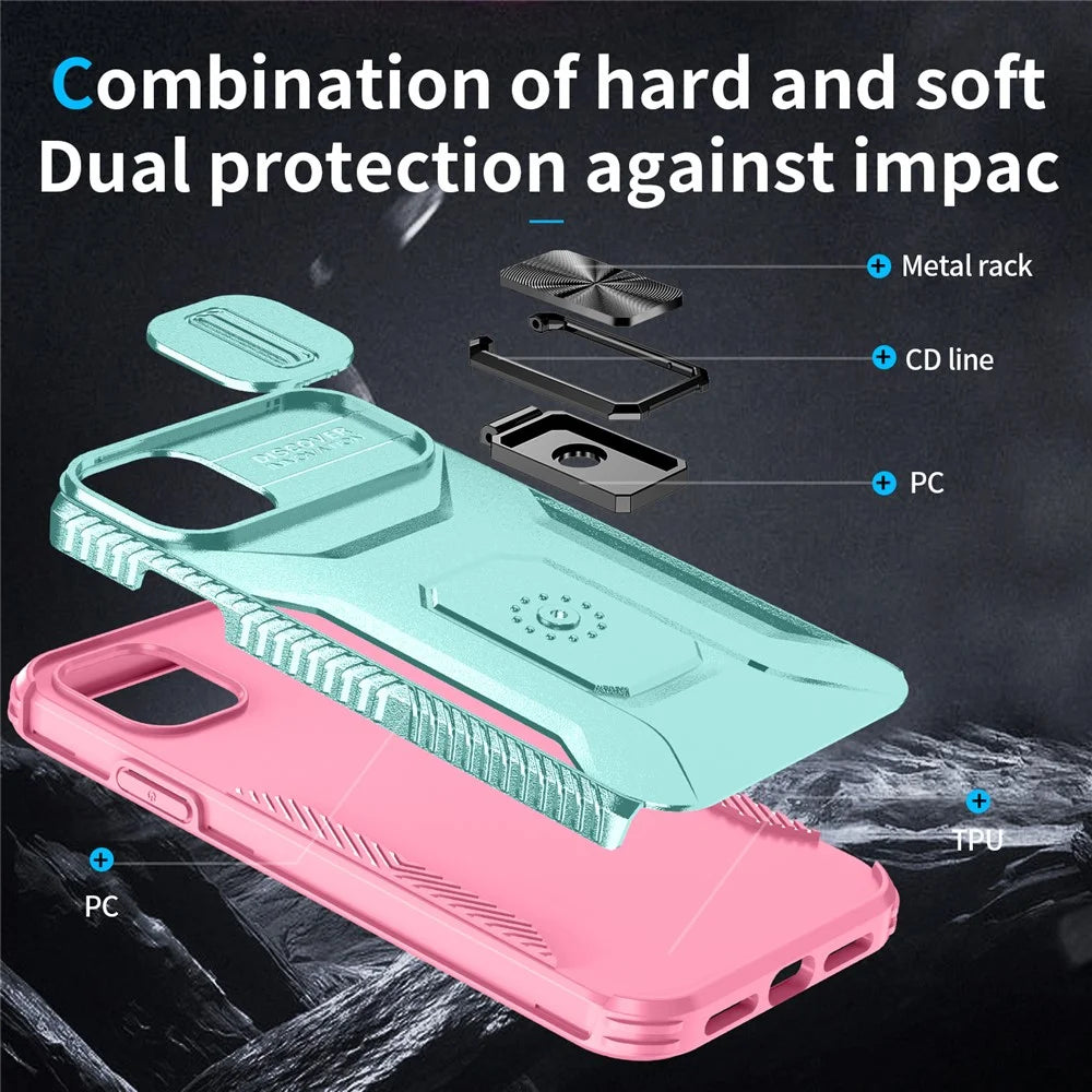 For iPhone 11 Case Scratch-resistant PC+TPU Slide Lens Lid Kickstand Phone Cover - Cyan+Pink - 3