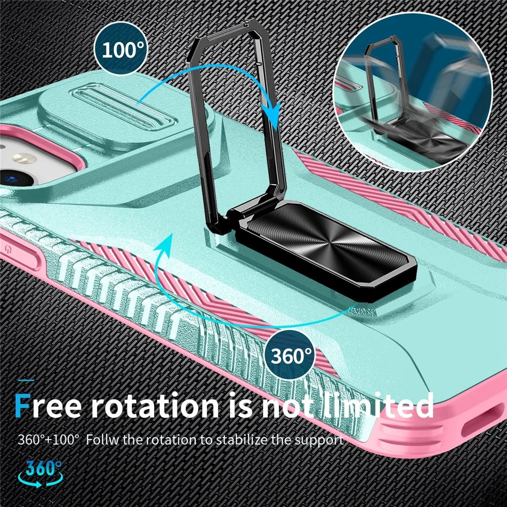 For iPhone 11 Case Scratch-resistant PC+TPU Slide Lens Lid Kickstand Phone Cover - Cyan+Pink - 4