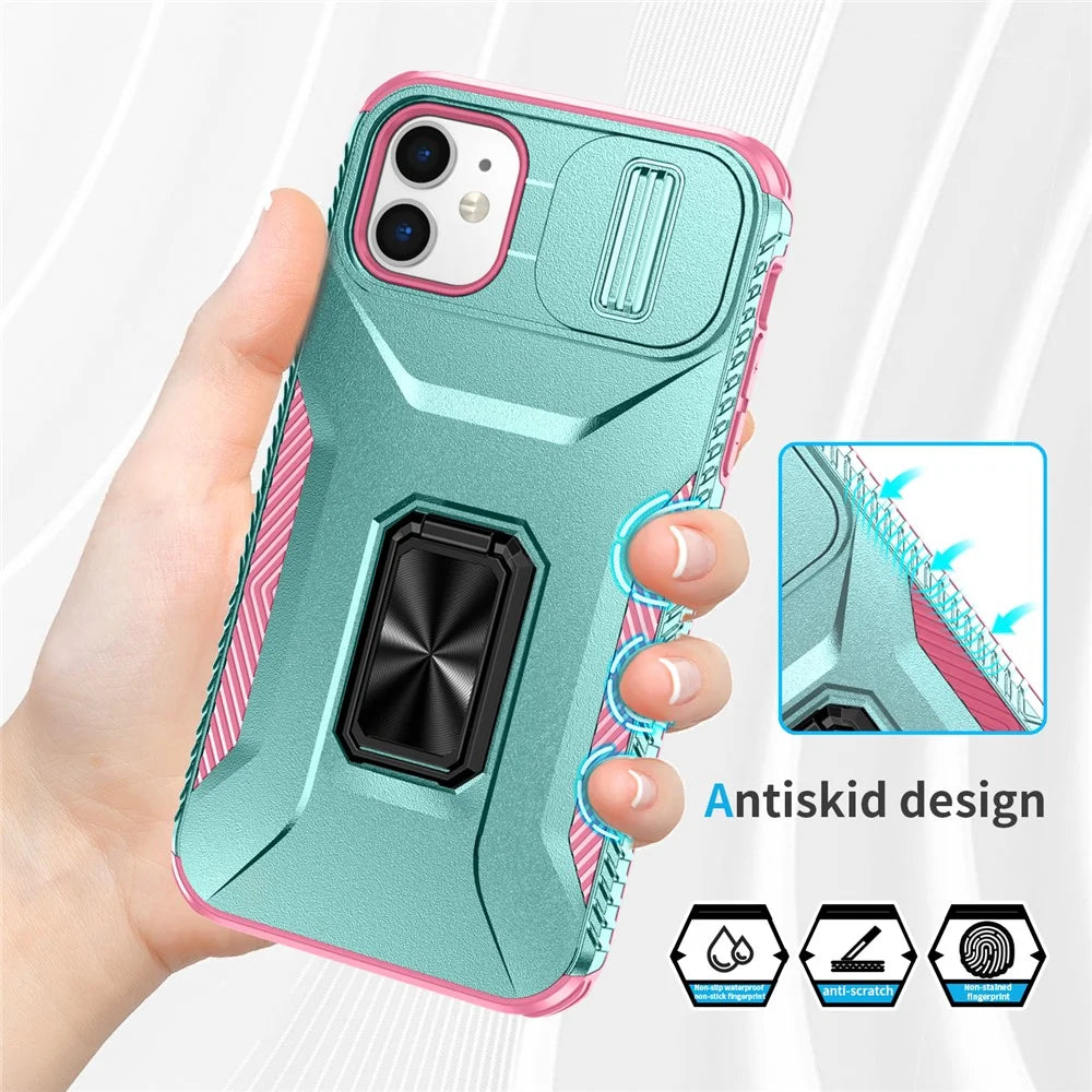 For iPhone 11 Case Scratch-resistant PC+TPU Slide Lens Lid Kickstand Phone Cover - Cyan+Pink - 5