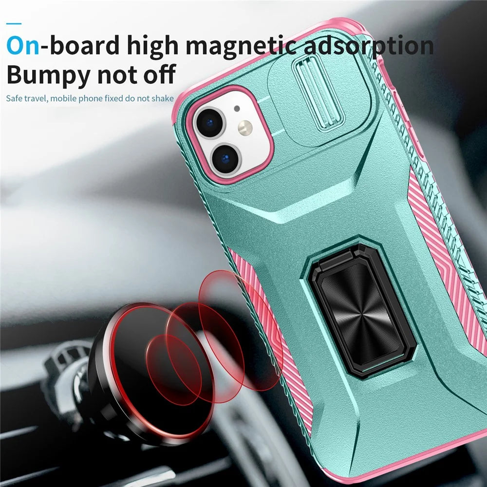 For iPhone 11 Case Scratch-resistant PC+TPU Slide Lens Lid Kickstand Phone Cover - Cyan+Pink - 6