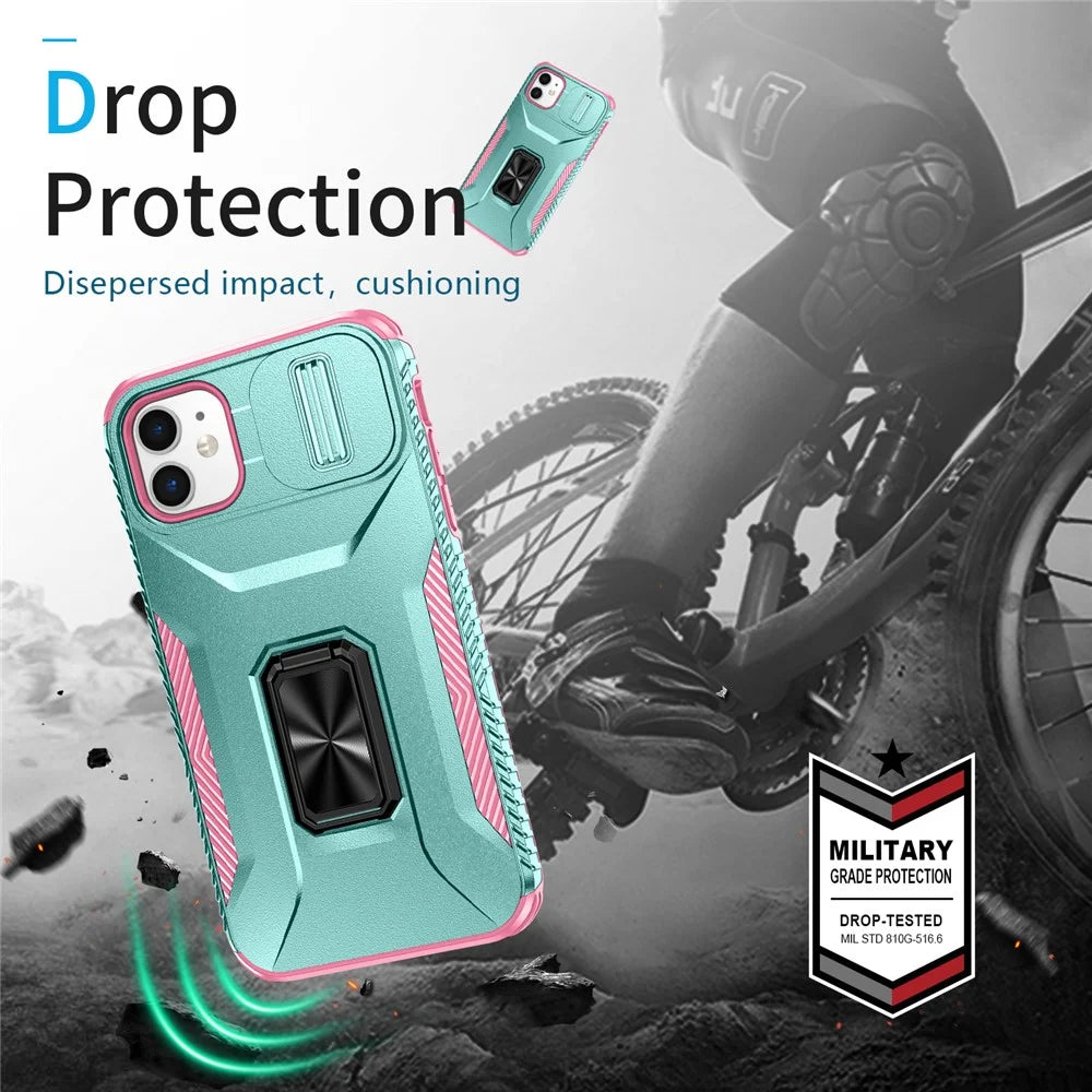 For iPhone 11 Case Scratch-resistant PC+TPU Slide Lens Lid Kickstand Phone Cover - Cyan+Pink - 7