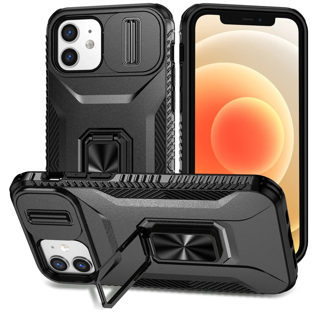 Anti-fall Phone Case for iPhone 12 6.1 inch / 12 Pro 6.1 inch Shell Rotate Kickstand Slide Lens Window Cover - Black - 1