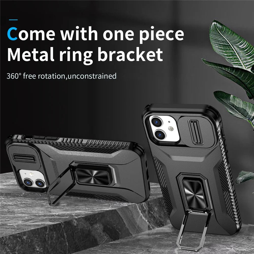Anti-fall Phone Case for iPhone 12 6.1 inch / 12 Pro 6.1 inch Shell Rotate Kickstand Slide Lens Window Cover - Black - 2