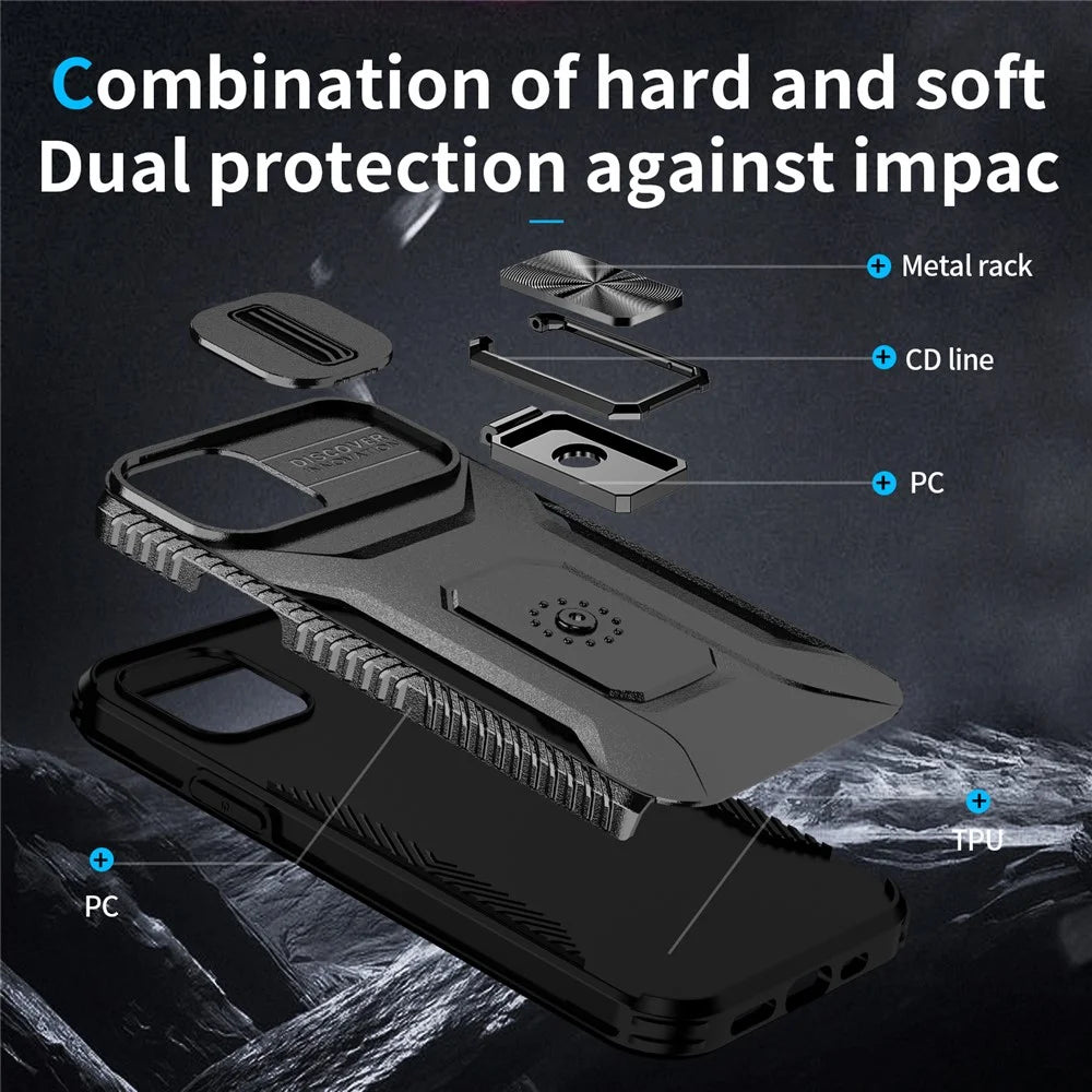 Anti-fall Phone Case for iPhone 12 6.1 inch / 12 Pro 6.1 inch Shell Rotate Kickstand Slide Lens Window Cover - Black - 3