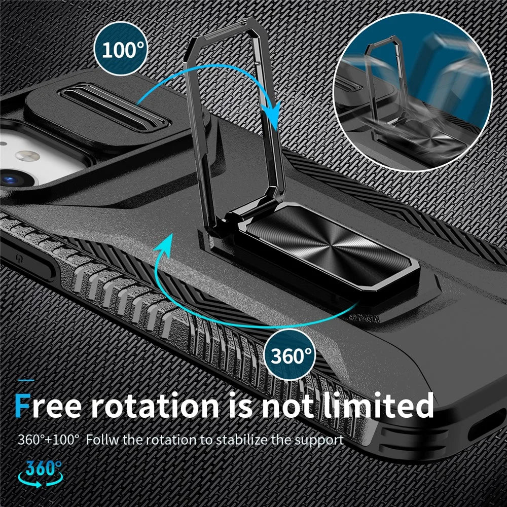 Anti-fall Phone Case for iPhone 12 6.1 inch / 12 Pro 6.1 inch Shell Rotate Kickstand Slide Lens Window Cover - Black - 4