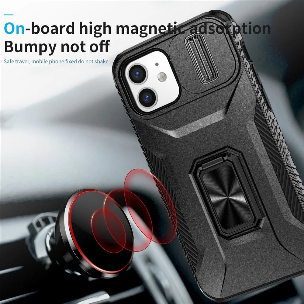 Anti-fall Phone Case for iPhone 12 6.1 inch / 12 Pro 6.1 inch Shell Rotate Kickstand Slide Lens Window Cover - Black - 6
