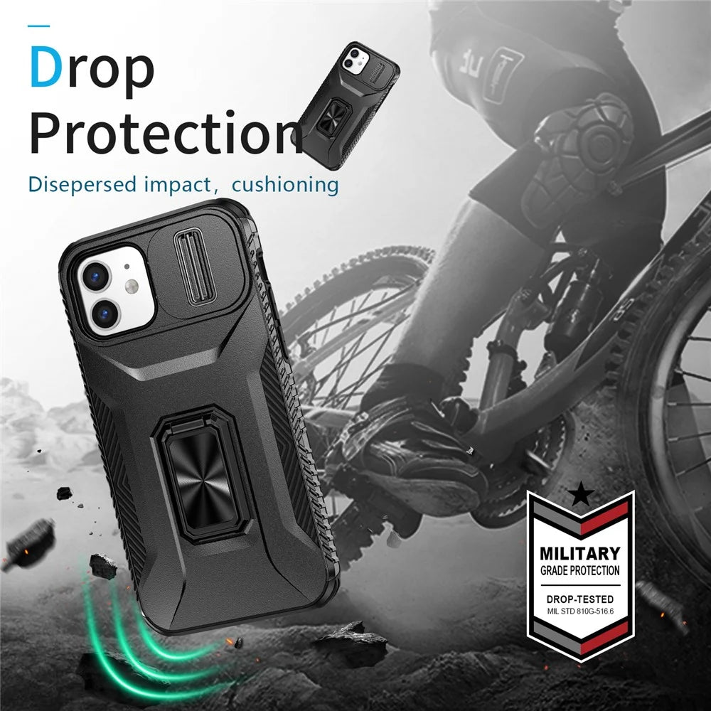 Anti-fall Phone Case for iPhone 12 6.1 inch / 12 Pro 6.1 inch Shell Rotate Kickstand Slide Lens Window Cover - Black - 7