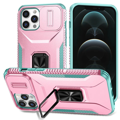 For iPhone 12 Pro Max 6.7 inch Case Rotate Kickstand TPU+PC Phone Cover with Sliding Lens Cover - Pink+Cyan - 1