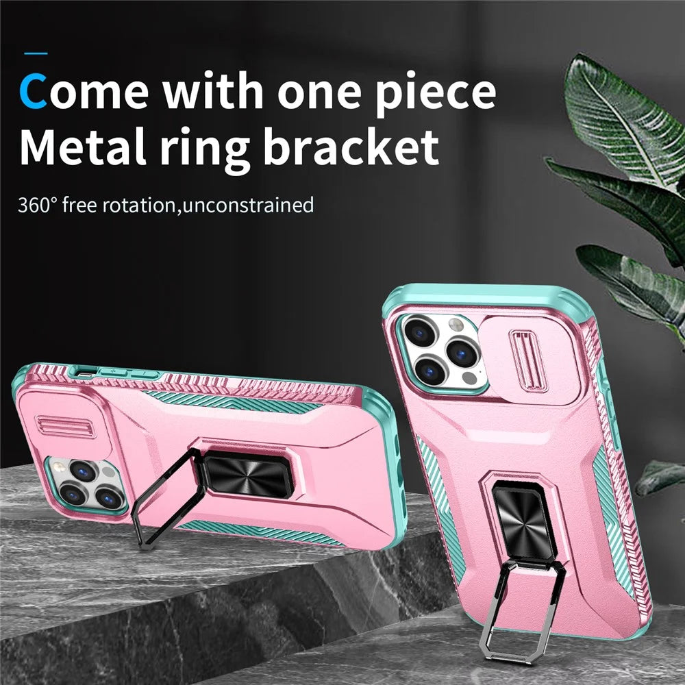 For iPhone 12 Pro Max 6.7 inch Case Rotate Kickstand TPU+PC Phone Cover with Sliding Lens Cover - Pink+Cyan - 2