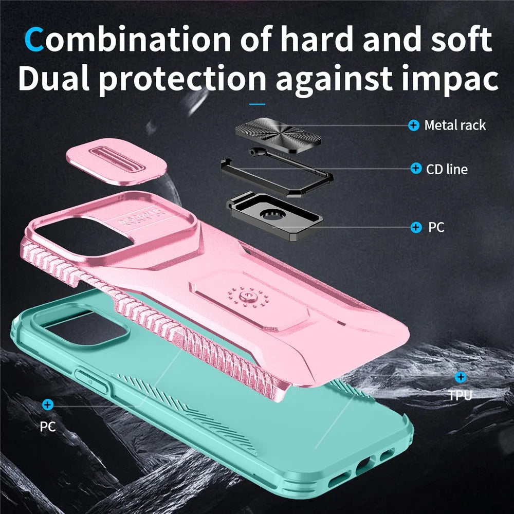 For iPhone 12 Pro Max 6.7 inch Case Rotate Kickstand TPU+PC Phone Cover with Sliding Lens Cover - Pink+Cyan - 3