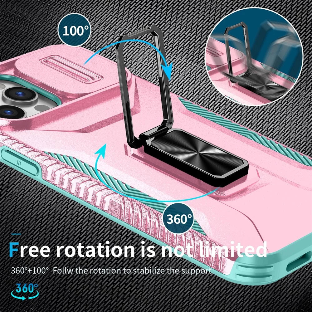 For iPhone 12 Pro Max 6.7 inch Case Rotate Kickstand TPU+PC Phone Cover with Sliding Lens Cover - Pink+Cyan - 4