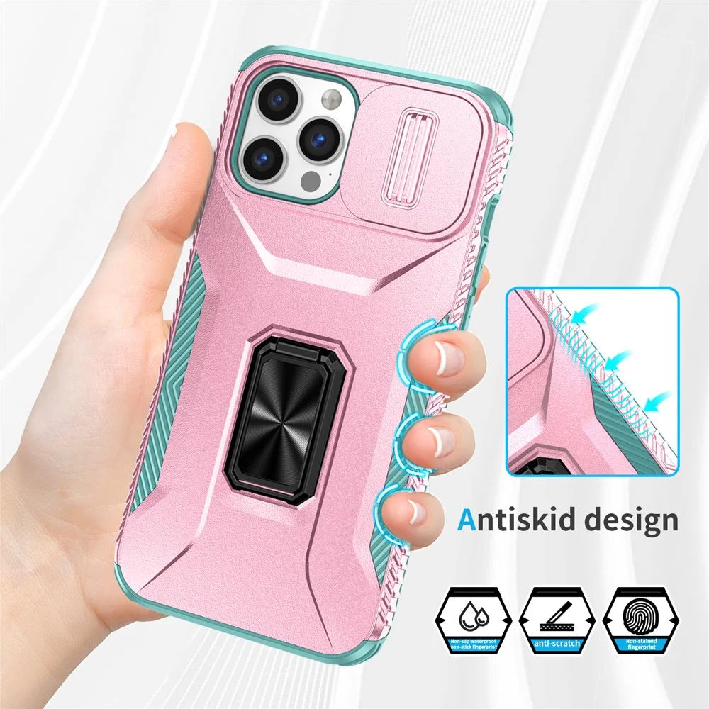 For iPhone 12 Pro Max 6.7 inch Case Rotate Kickstand TPU+PC Phone Cover with Sliding Lens Cover - Pink+Cyan - 5
