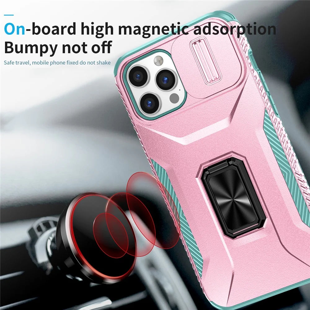 For iPhone 12 Pro Max 6.7 inch Case Rotate Kickstand TPU+PC Phone Cover with Sliding Lens Cover - Pink+Cyan - 6