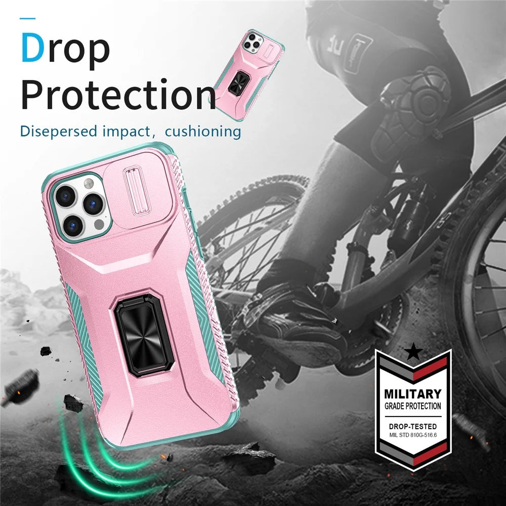 For iPhone 12 Pro Max 6.7 inch Case Rotate Kickstand TPU+PC Phone Cover with Sliding Lens Cover - Pink+Cyan - 7