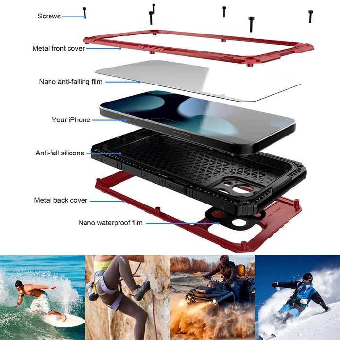 IP68 Waterproof Phone Case for iPhone 15 Pro PC+Silicone Cover with Screen Protector - Red - 4