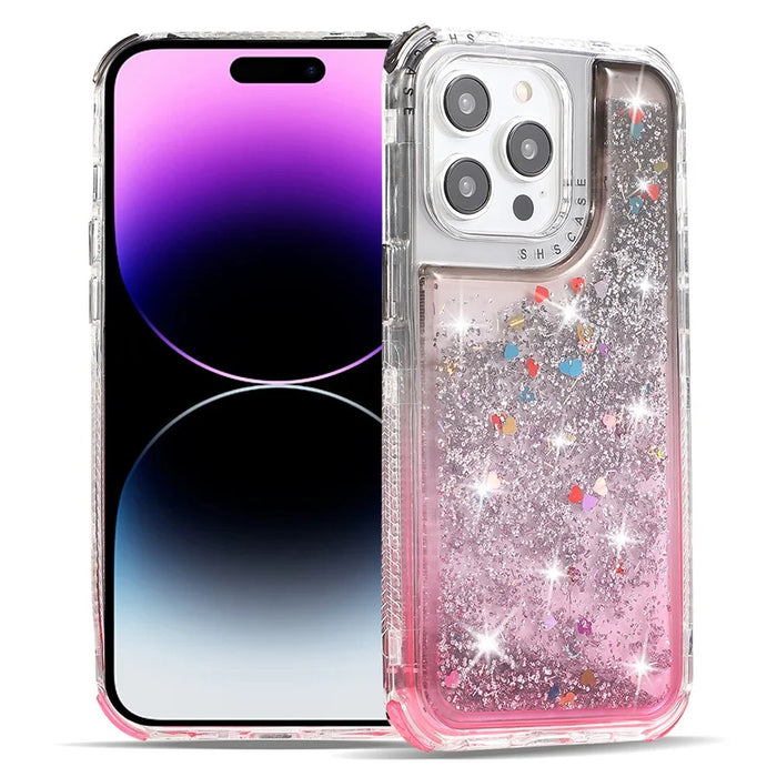 For iPhone 14 Pro Case Gradient Liquid Floating Quicksand Scratch-proof TPU+PC Mobile Phone Cover - Black+Pink - 1