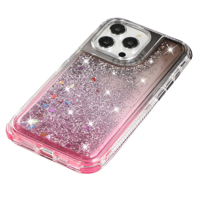 For iPhone 14 Pro Case Gradient Liquid Floating Quicksand Scratch-proof TPU+PC Mobile Phone Cover - Black+Pink - 2