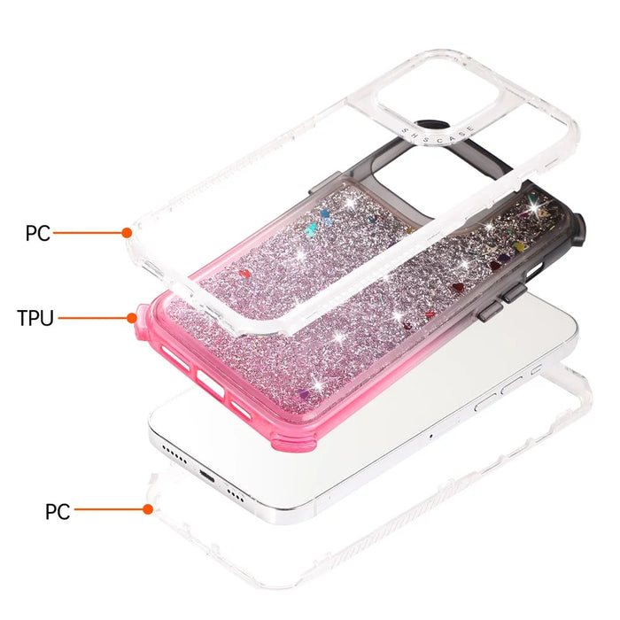 For iPhone 14 Pro Case Gradient Liquid Floating Quicksand Scratch-proof TPU+PC Mobile Phone Cover - Black+Pink - 7