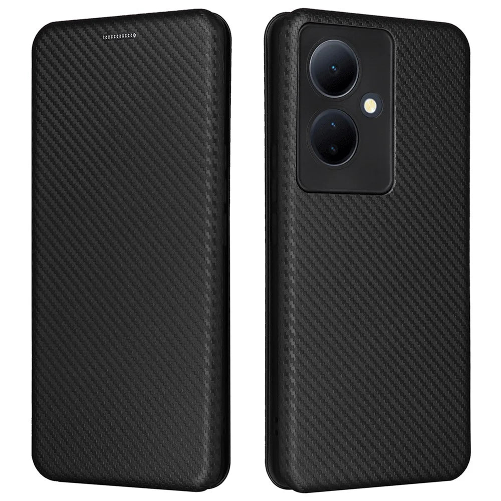 Card Holder Case for vivo V29 Lite 5G Leather Phone Cover Carbon Fiber Texture - Black - 1
