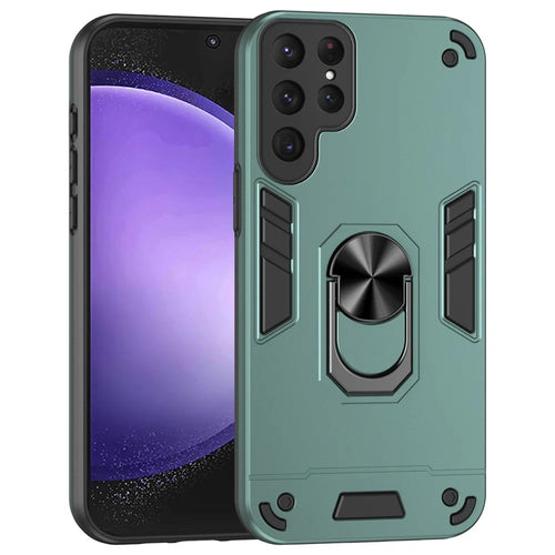 For Samsung Galaxy S24 Ultra Case Ring Kickstand PC+TPU Phone Cover Support Magnetic Car Mount - Green - 1