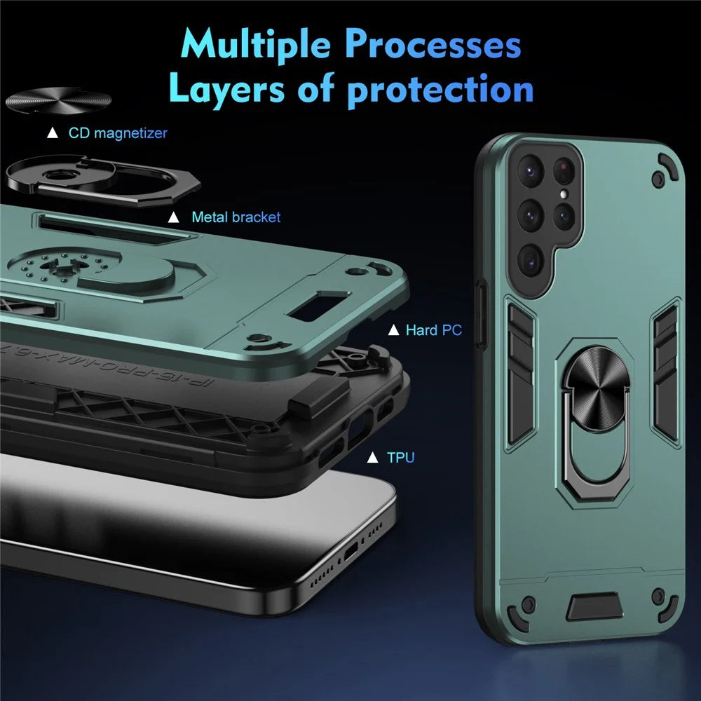 For Samsung Galaxy S24 Ultra Case Ring Kickstand PC+TPU Phone Cover Support Magnetic Car Mount - Green - 7