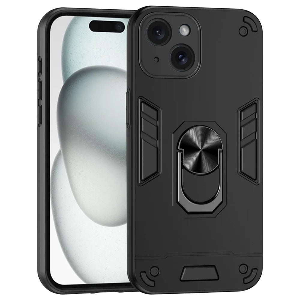For iPhone 15 Cell Phone Case PC+TPU Kickstand Cover Fits Magnetic Car Mount - Black - 1