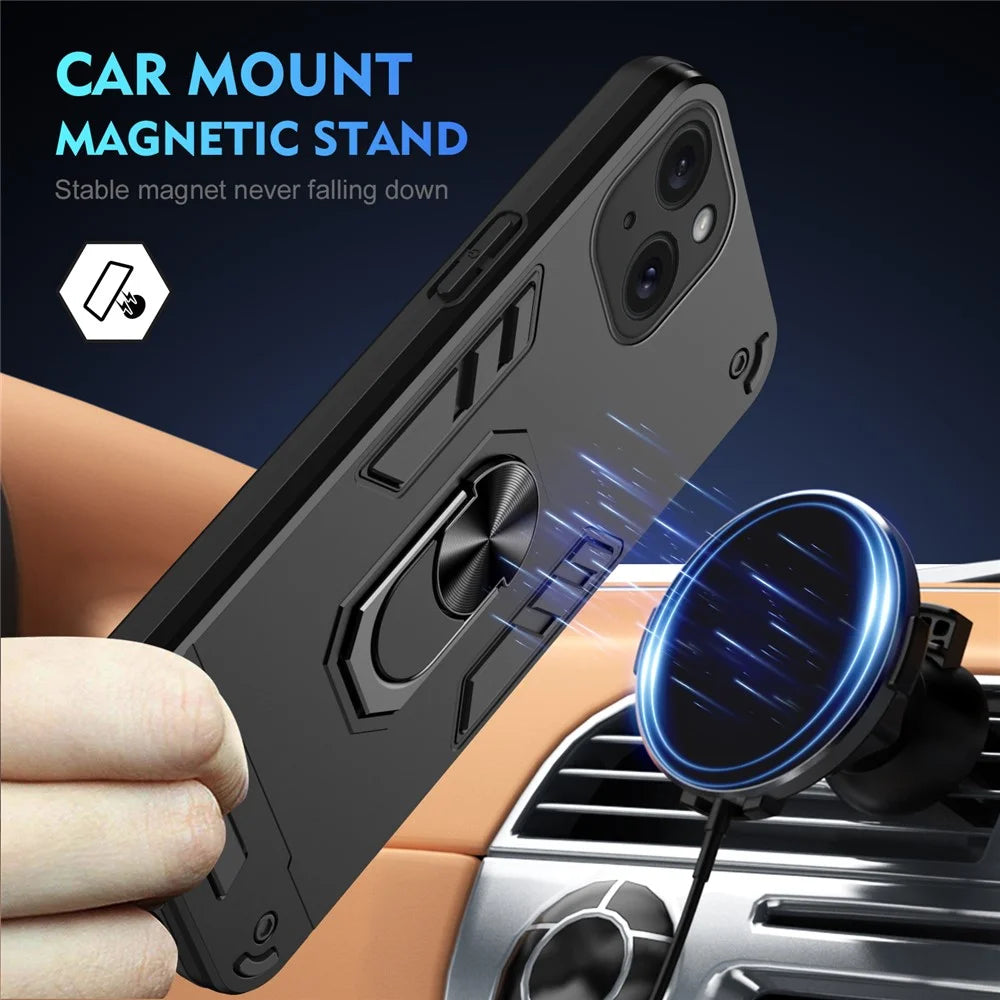 For iPhone 15 Cell Phone Case PC+TPU Kickstand Cover Fits Magnetic Car Mount - Black - 3