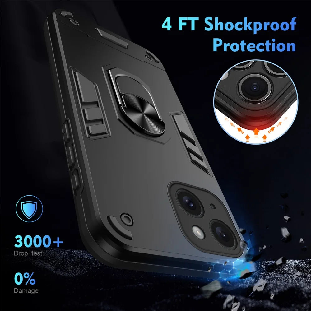 For iPhone 15 Cell Phone Case PC+TPU Kickstand Cover Fits Magnetic Car Mount - Black - 5