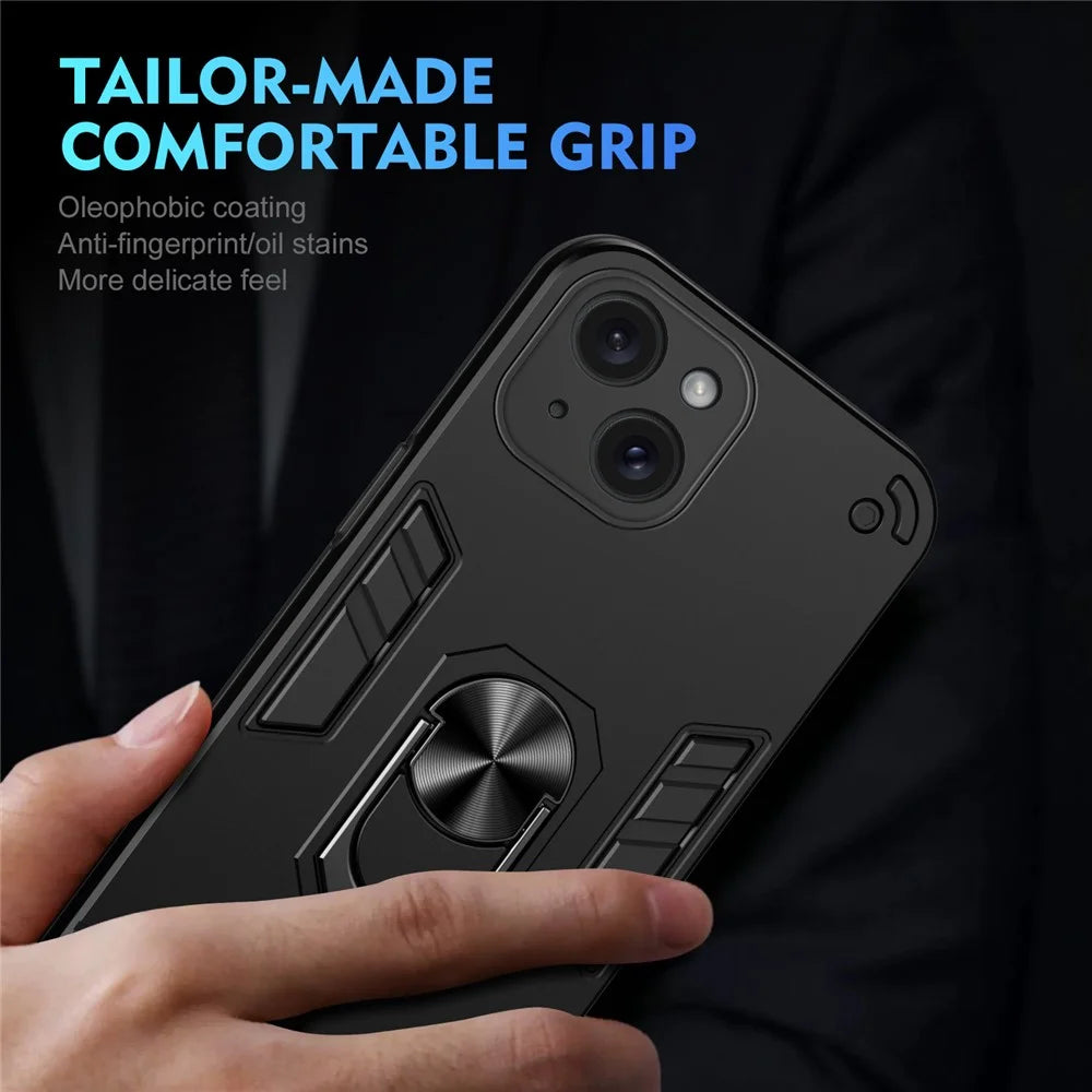 For iPhone 15 Cell Phone Case PC+TPU Kickstand Cover Fits Magnetic Car Mount - Black - 6