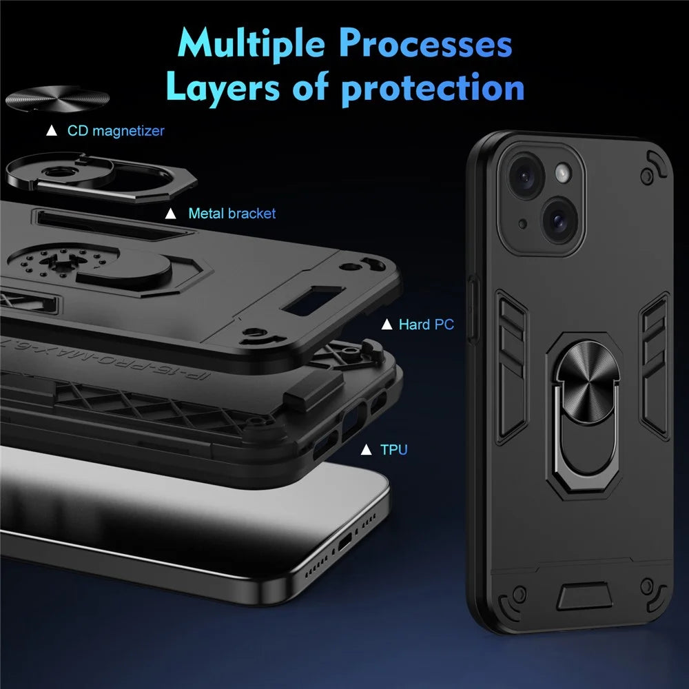 For iPhone 15 Cell Phone Case PC+TPU Kickstand Cover Fits Magnetic Car Mount - Black - 7