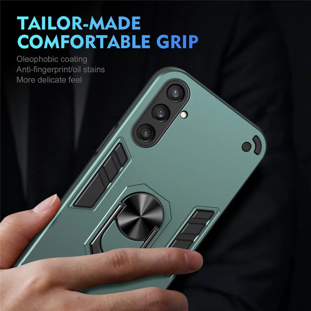 Phone Case for Samsung Galaxy S23 FE Cover Shockproof PC+TPU Rotating Ring Kickstand Shell - Green - 6