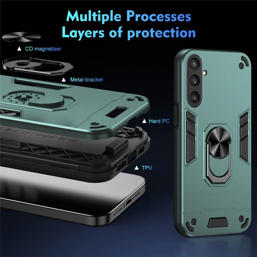 Phone Case for Samsung Galaxy S23 FE Cover Shockproof PC+TPU Rotating Ring Kickstand Shell - Green - 7
