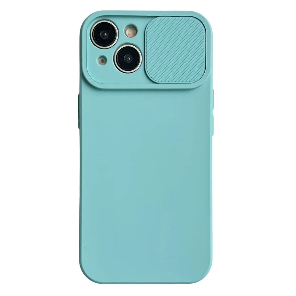 TMT Series for iPhone 15 Plus Cell Phone Case Soft Lining TPU Slide Lens Window Cover - Baby Blue - 1