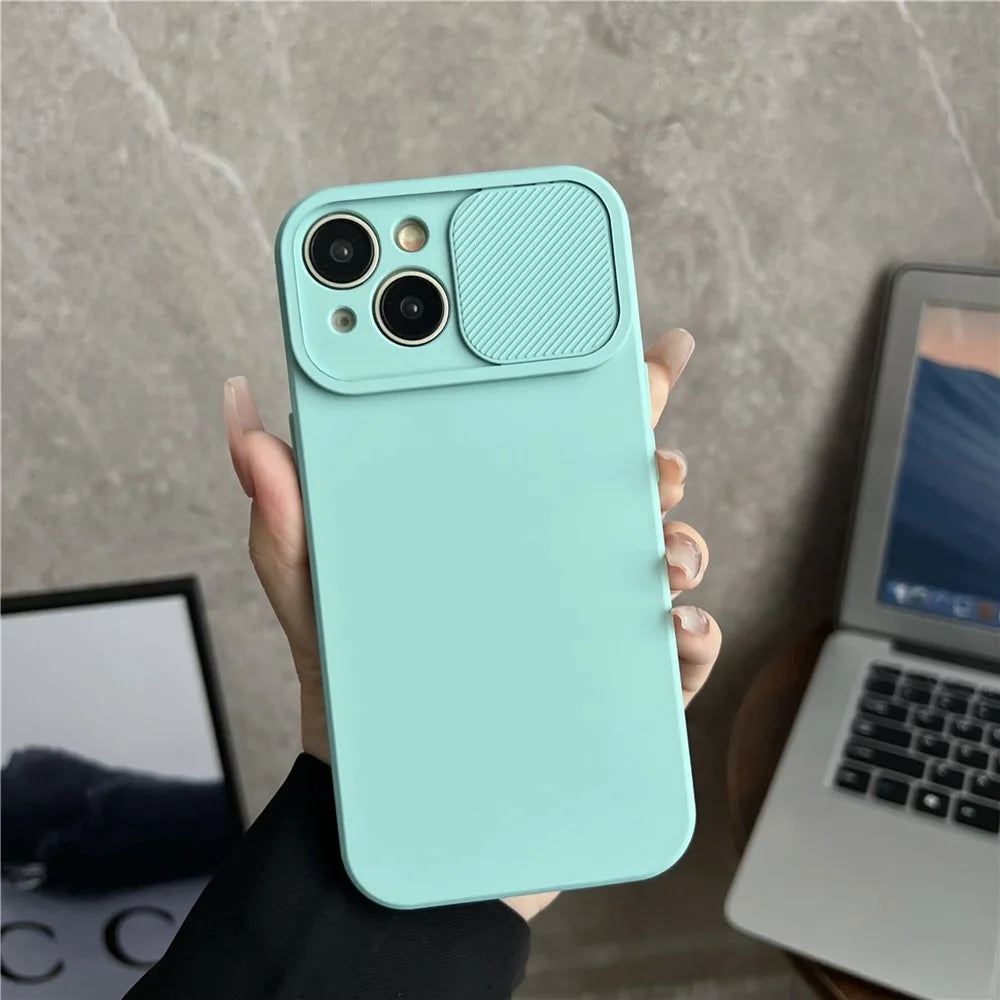 TMT Series for iPhone 15 Plus Cell Phone Case Soft Lining TPU Slide Lens Window Cover - Baby Blue - 2