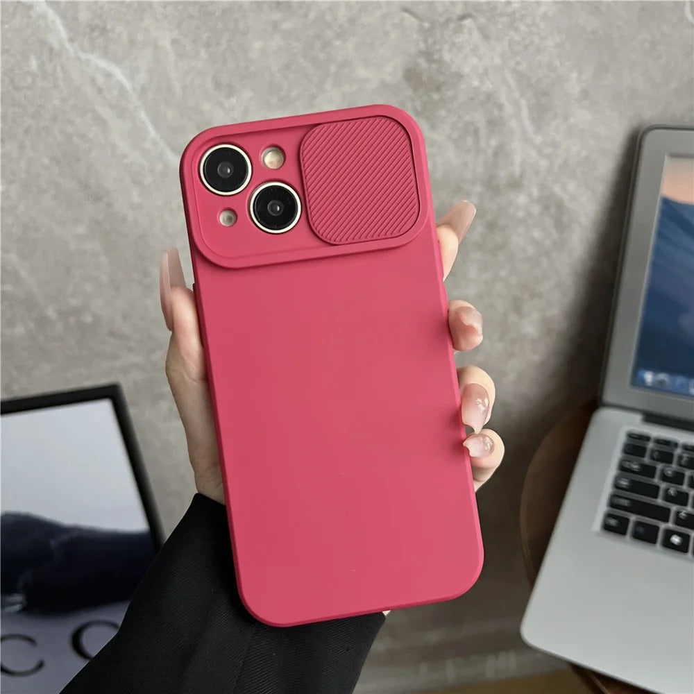 TMT Series for iPhone 15 Phone Cover Soft Lining TPU Case with Slide Lens Window - Red - 1