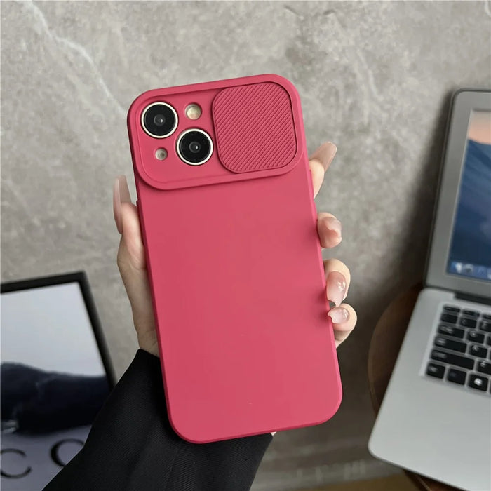 TMT Series for iPhone 15 Phone Cover Soft Lining TPU Case with Slide Lens Window - Red - 1