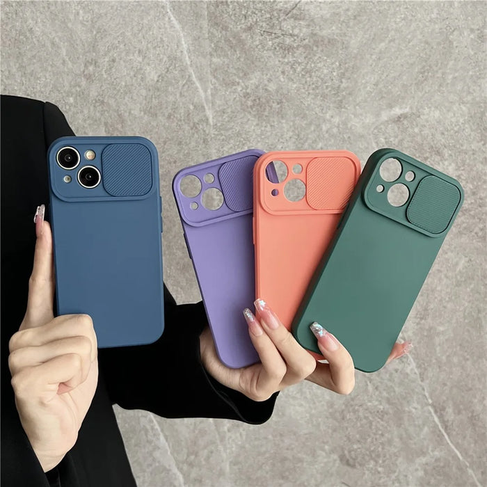 TMT Series for iPhone 15 Phone Cover Soft Lining TPU Case with Slide Lens Window - Red - 7