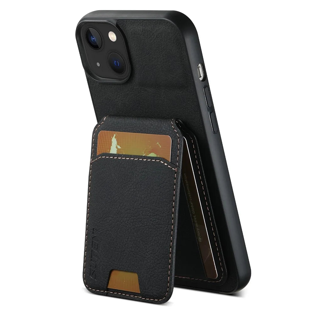 SUTENI H02 For iPhone 14 Case Litchi Texture PU Leather Card Slots Phone Protector - Black - 1