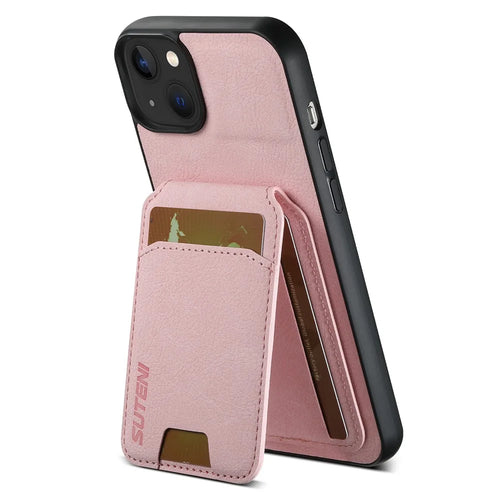 SUTENI H02 For iPhone 13 6.1 inch Case Litchi Texture Vertical Flip Kickstand Phone Cover - Pink - 1