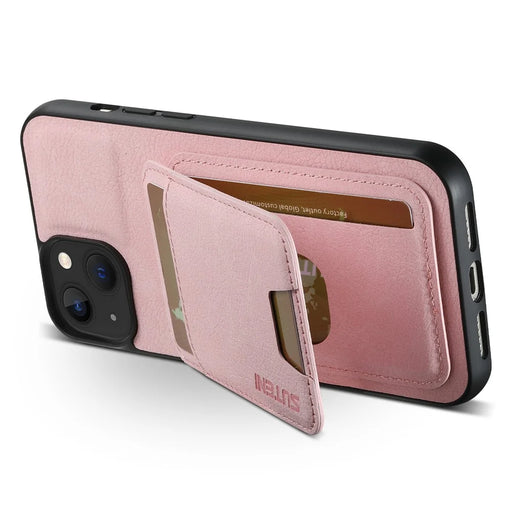 SUTENI H02 For iPhone 13 6.1 inch Case Litchi Texture Vertical Flip Kickstand Phone Cover - Pink - 2