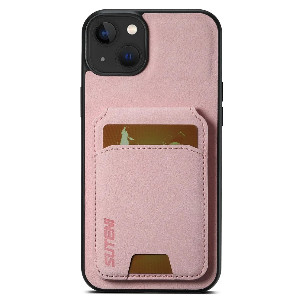 SUTENI H02 For iPhone 13 6.1 inch Case Litchi Texture Vertical Flip Kickstand Phone Cover - Pink - 4