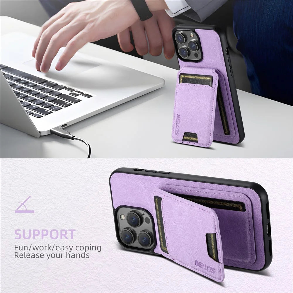 SUTENI H02 For iPhone 15 Pro Magnetic Phone Case Litchi Texture Leather Anti-scratch Back Shell - Purple - 7