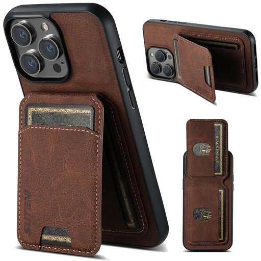 SUTENI H02 For iPhone 14 Pro Case Vertical Flip Litchi Texture Kickstand Phone Back Protector - Brown - 1