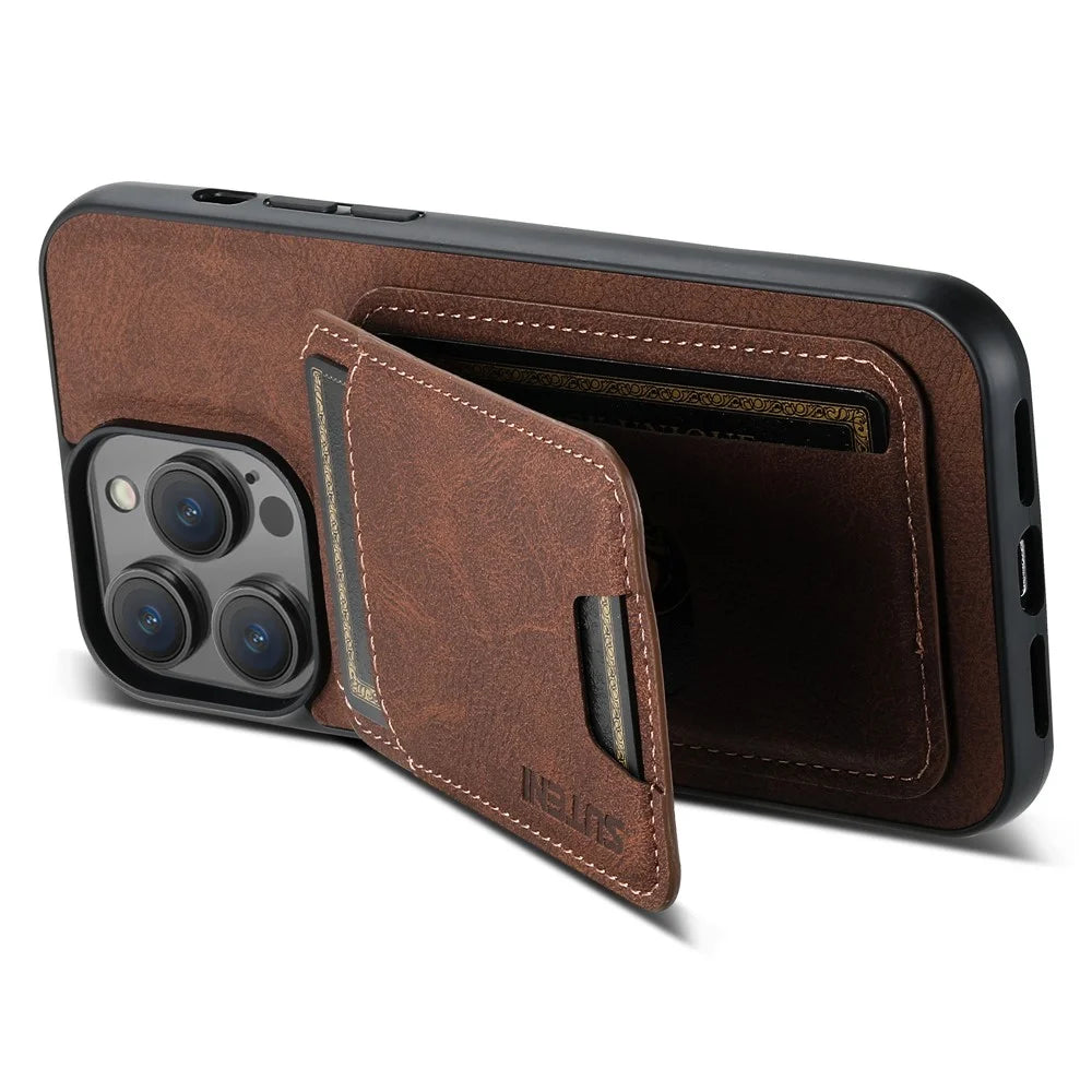 SUTENI H02 For iPhone 14 Pro Case Vertical Flip Litchi Texture Kickstand Phone Back Protector - Brown - 3