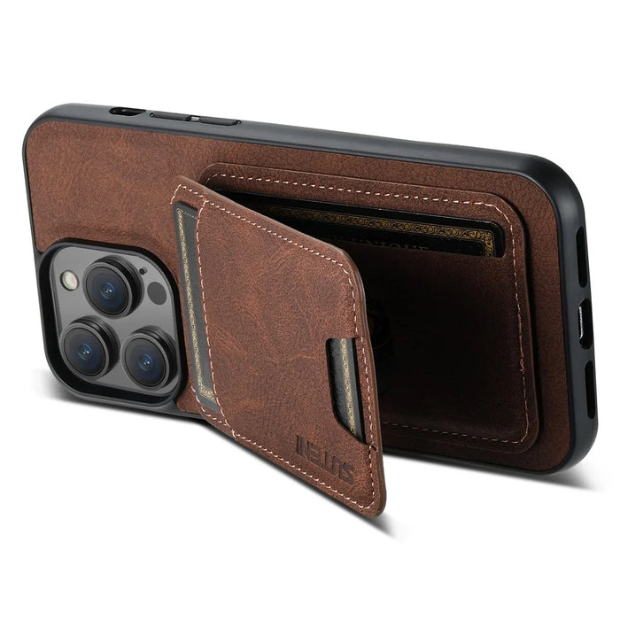 SUTENI H02 For iPhone 14 Pro Case Vertical Flip Litchi Texture Kickstand Phone Back Protector - Brown - 3