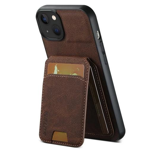 SUTENI H02 For iPhone 15 Case Scratch-resistant PU Leather+TPU Litchi Texture Phone Cover with Kickstand - Brown - 1