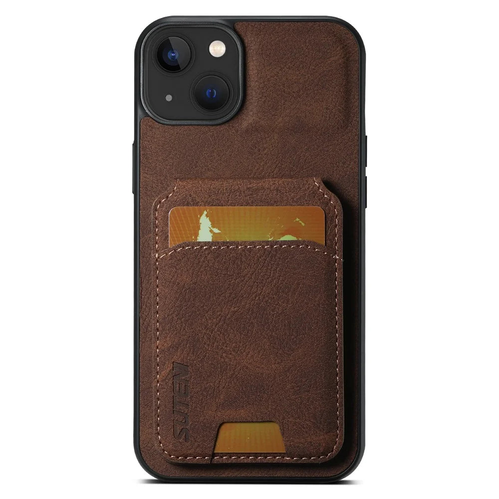 SUTENI H02 For iPhone 15 Case Scratch-resistant PU Leather+TPU Litchi Texture Phone Cover with Kickstand - Brown - 4