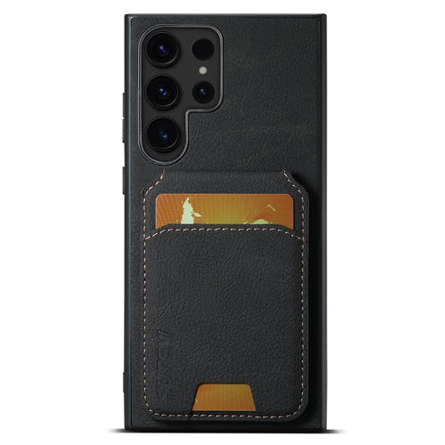 SUTENI H02 For Samsung Galaxy S23 Ultra Kickstand Case Card Slots Leather Back Cover - Black - 1