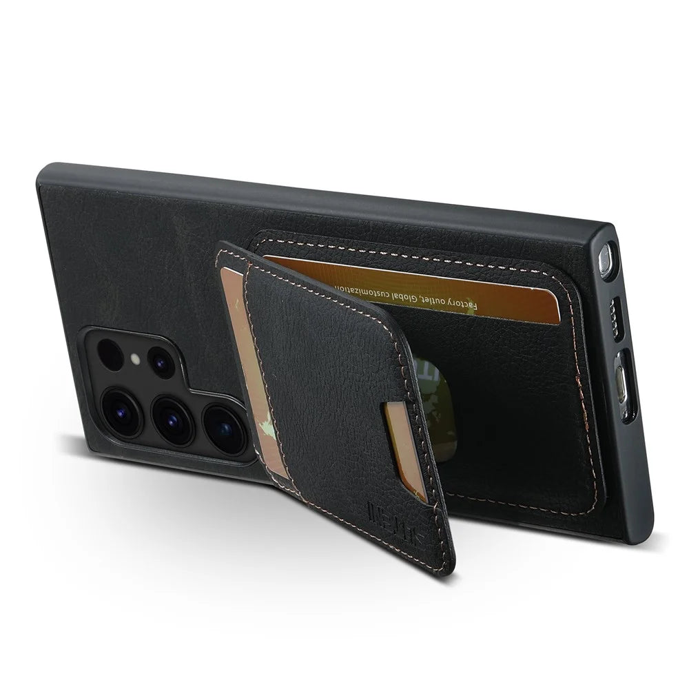 SUTENI H02 For Samsung Galaxy S23 Ultra Kickstand Case Card Slots Leather Back Cover - Black - 4